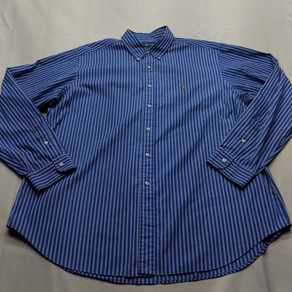 Ralph Lauren Men's Custom Fit Button Up Dress Shirt Blue Stripe XXLarge